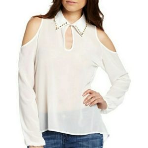 Buffalo David Bitton shear long sleeve cold shoulder top w/ nail heads on collar